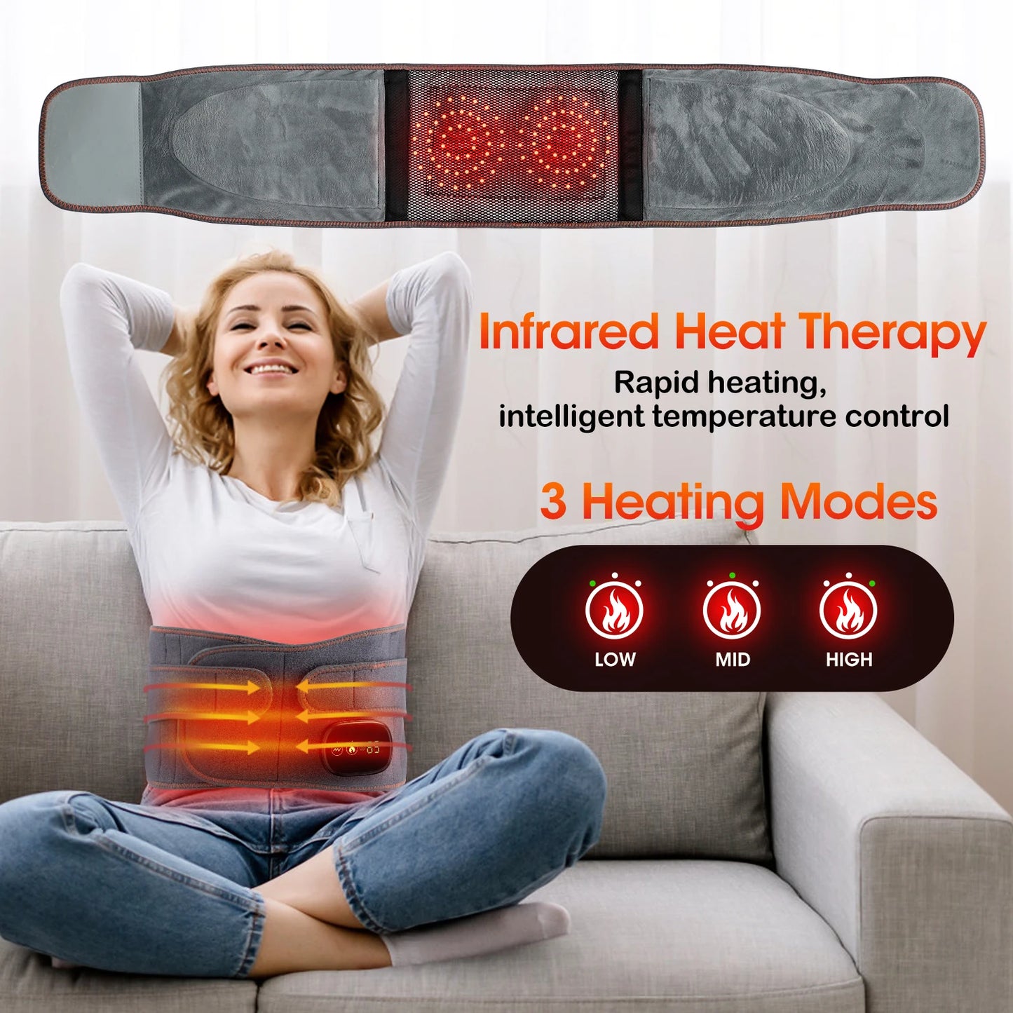 Electric Waist Massage Vibration For Back Period Cramp Massager Relieve Pain Belt Red Light Hot Compress Lumbar Spine Support